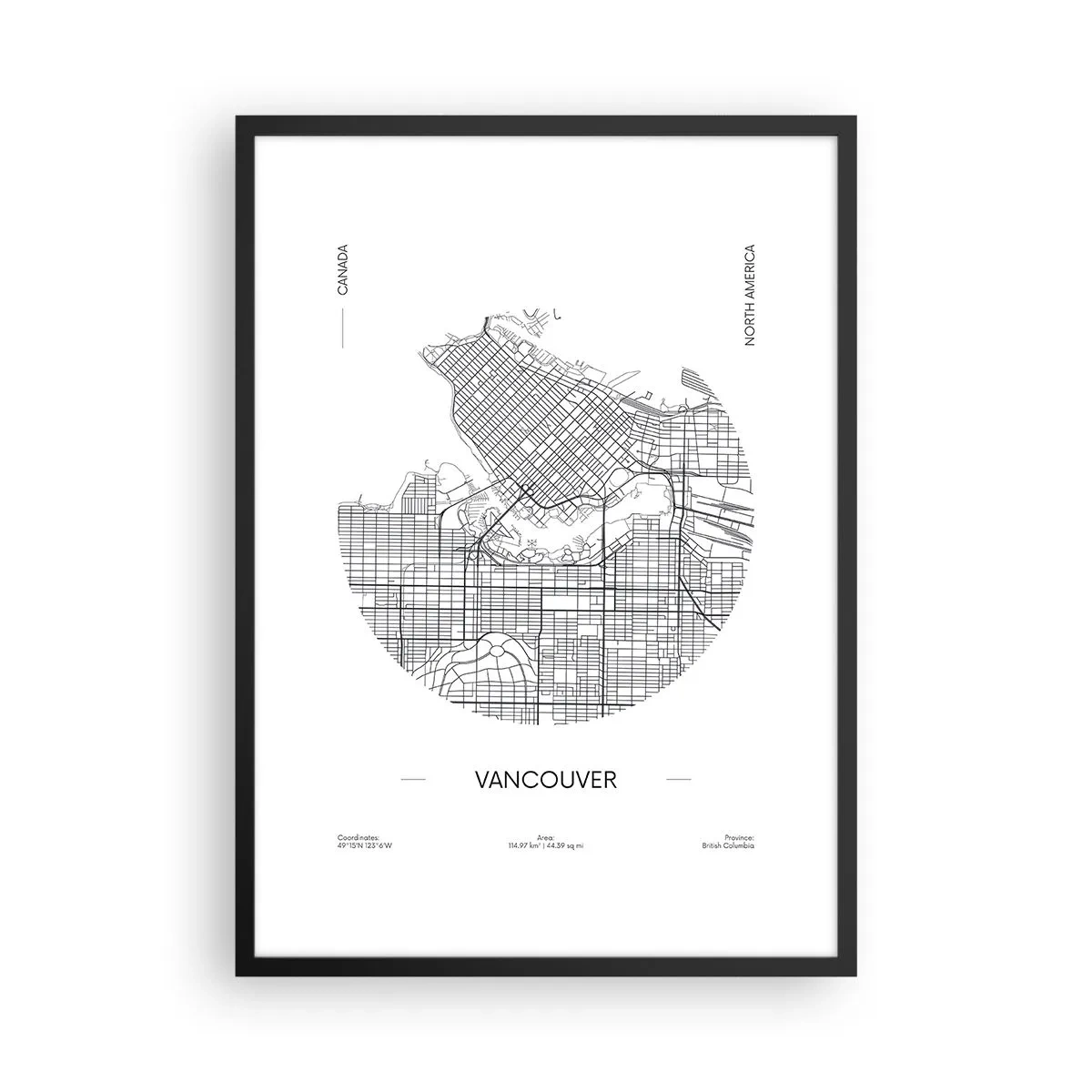 Poster in einem schwarzem Rahmen - Eine minimalistische Schwarz-Weiß-Karte von Vancouver - 50x70cm - Anatomie von Vacouver - Moderne Wanddekoration für Wohnzimmer und Schlafzimmer ARTTOR