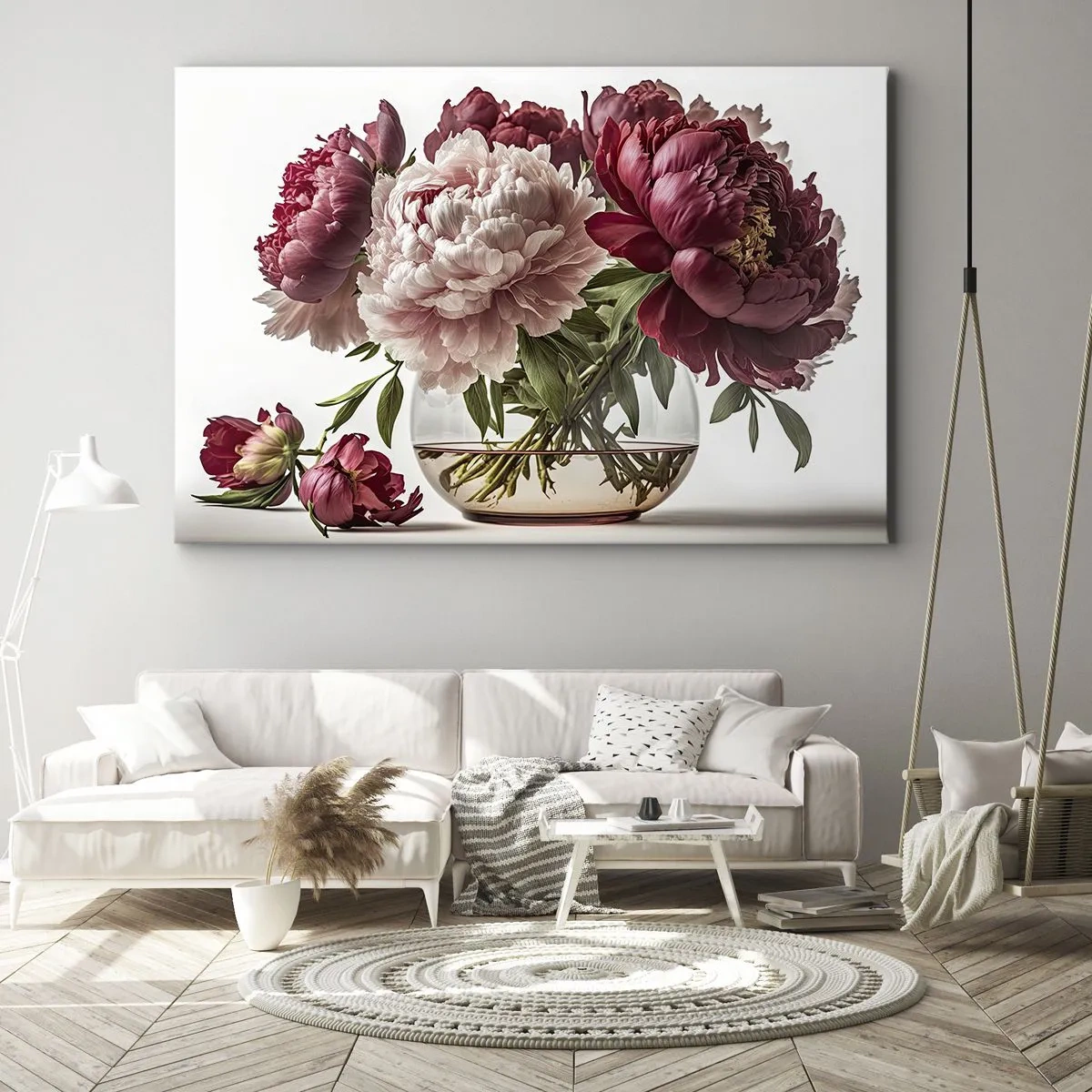 Bild auf Leinwand - Leinwandbild - Ein Strauß Pfingstrosen in Rosa- und Rottönen - 70x50cm - In voller Schönheit - Moderne Wanddekoration für Wohnzimmer und Schlafzimmer ARTTOR