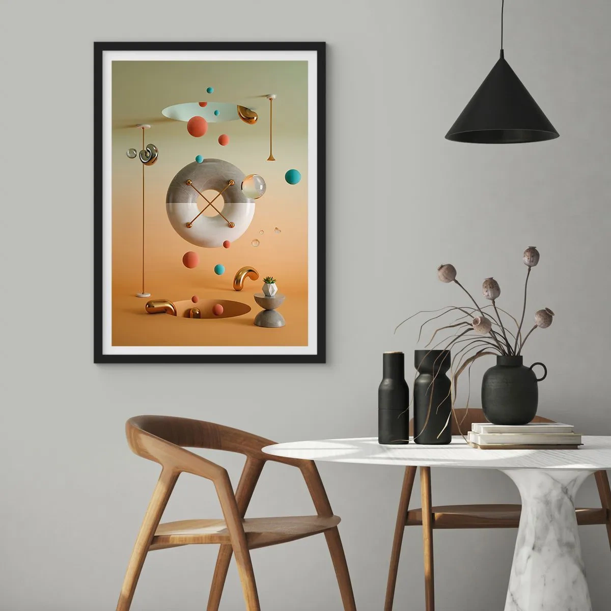 Poster in einem schwarzem Rahmen - Eine abstrakte Komposition aus geometrischen Formen in warmen Farben. - 50x70cm - Alles kann passieren - Moderne Wanddekoration für Wohnzimmer und Schlafzimmer ARTTOR