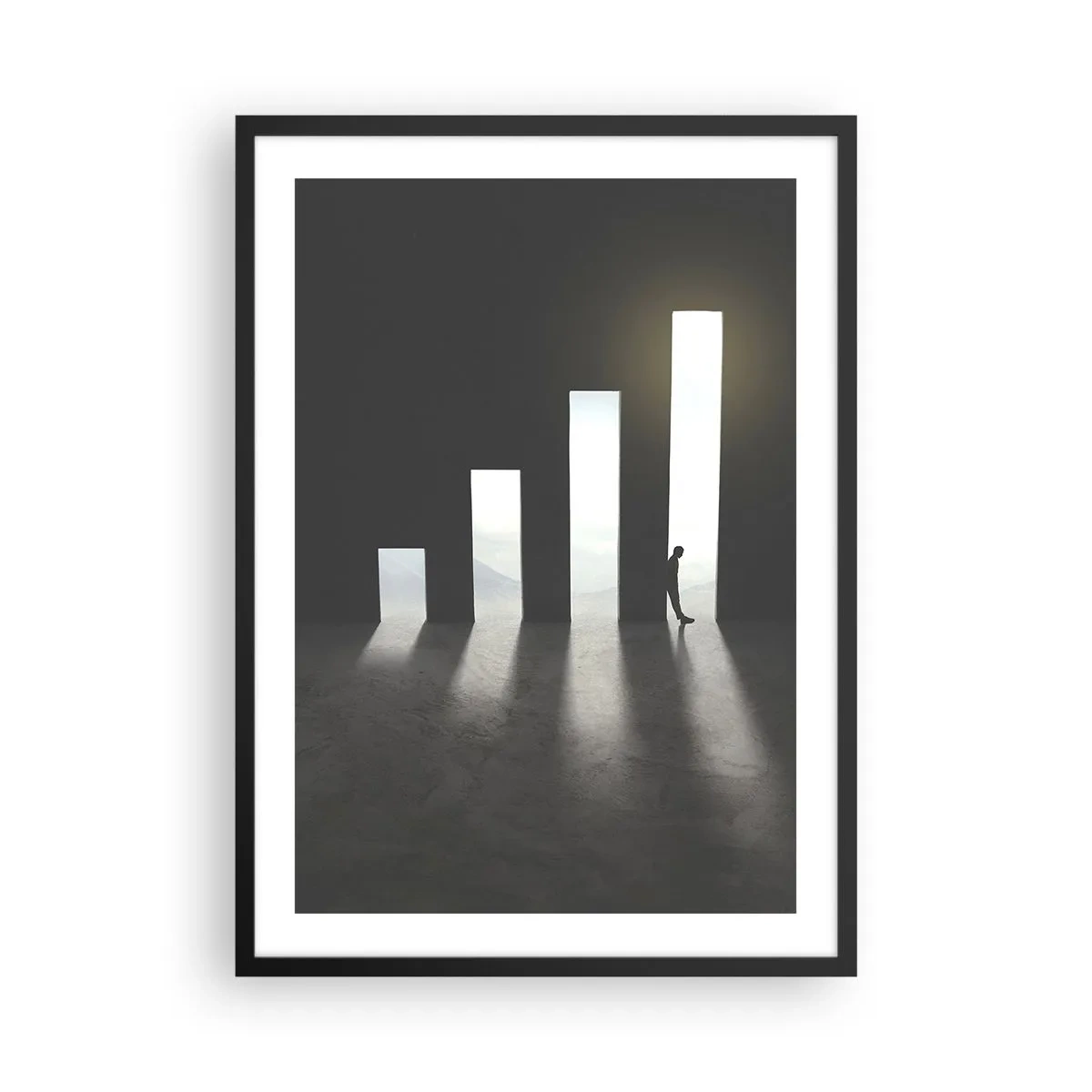 Poster in einem schwarzem Rahmen - Eine symbolische Tür in Form eines Graphen mit einer Figur - 50x70cm - Erfolg –