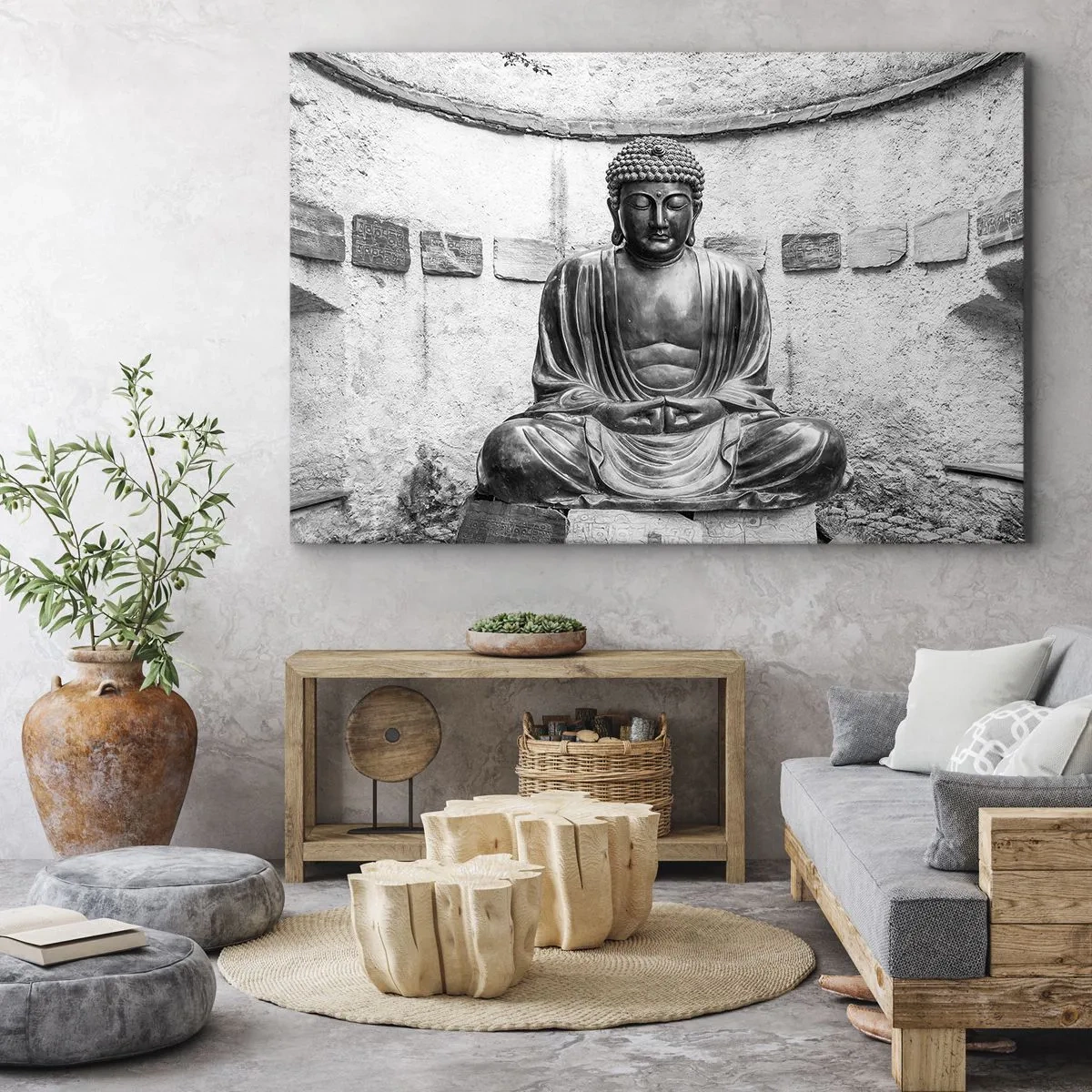 Bild auf Leinwand - Leinwandbild - Schwarz-weiße Buddha-Statue in meditativer Pose - 70x50cm - An der Quelle des Friedens - Moderne Wanddekoration für Wohnzimmer und Schlafzimmer ARTTOR