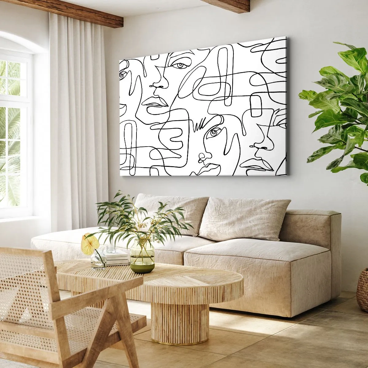 Bild auf Leinwand - Leinwandbild - Eine minimalistische Zeichnung eines Gesichts mit Linien auf hellem Hintergrund. - 70x50cm - In verworrenen Gefühlen - Moderne Wanddekoration für Wohnzimmer und Schlafzimmer ARTTOR