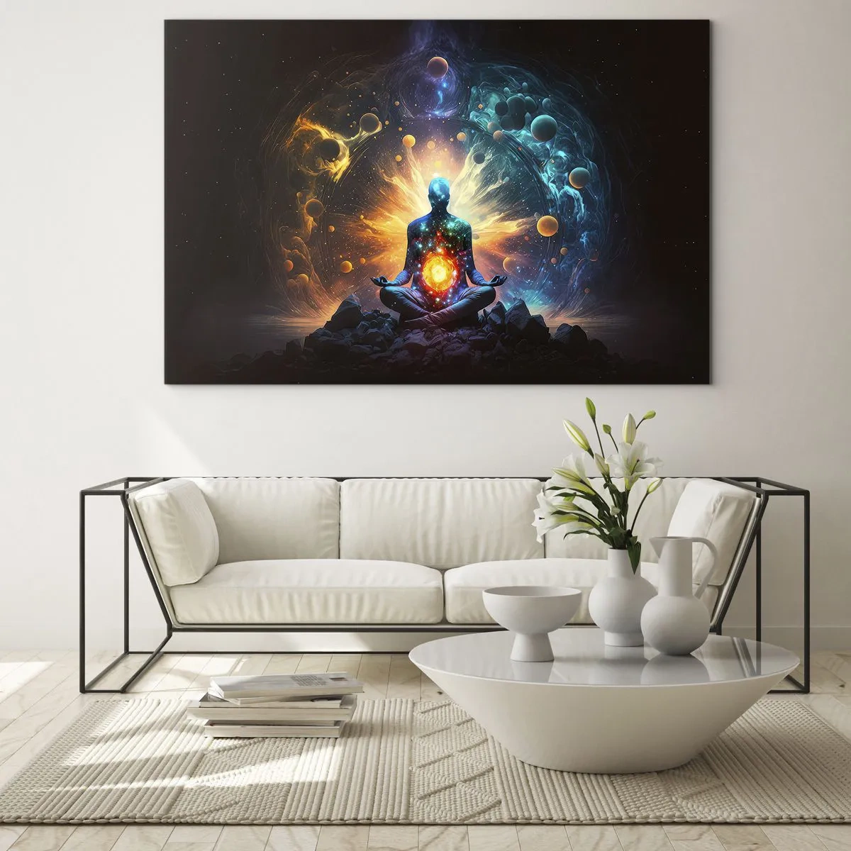 Glasbild - Bild auf glas - Eine meditierende Silhouette in einer kosmischen Farbexplosion - 70x50cm - Kosmischer Frieden - Moderne Wanddekoration für Wohnzimmer und Schlafzimmer ARTTOR