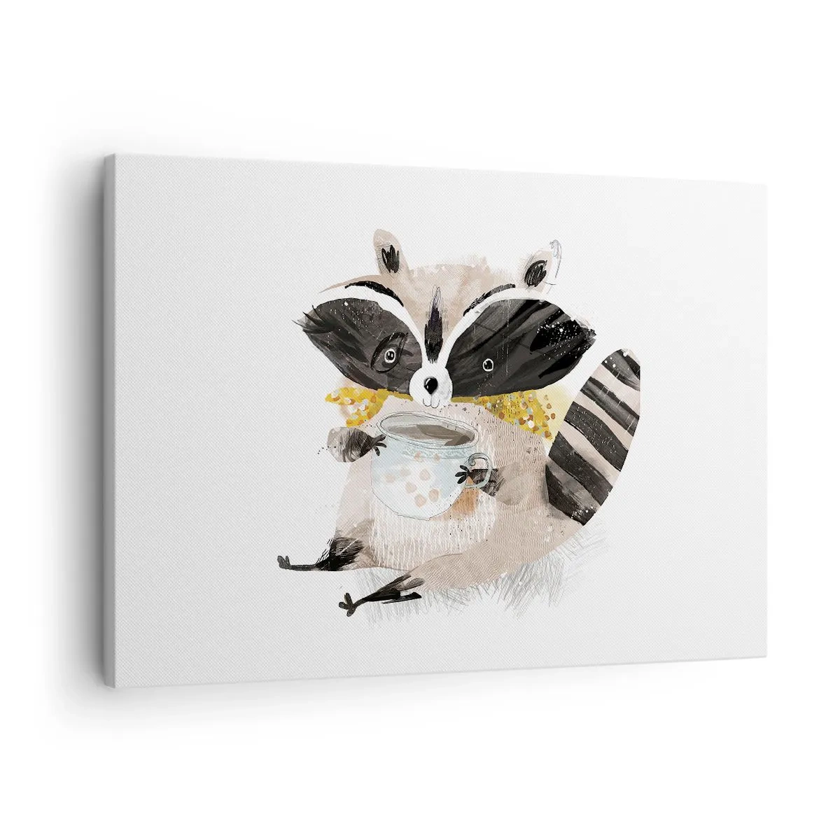 Bild auf Leinwand - Leinwandbild - Entzückender Waschbär mit einer pastellfarbenen Tasse - 70x50cm - Mein Freund der Waschbär - Moderne Wanddekoration für Wohnzimmer und Schlafzimmer ARTTOR