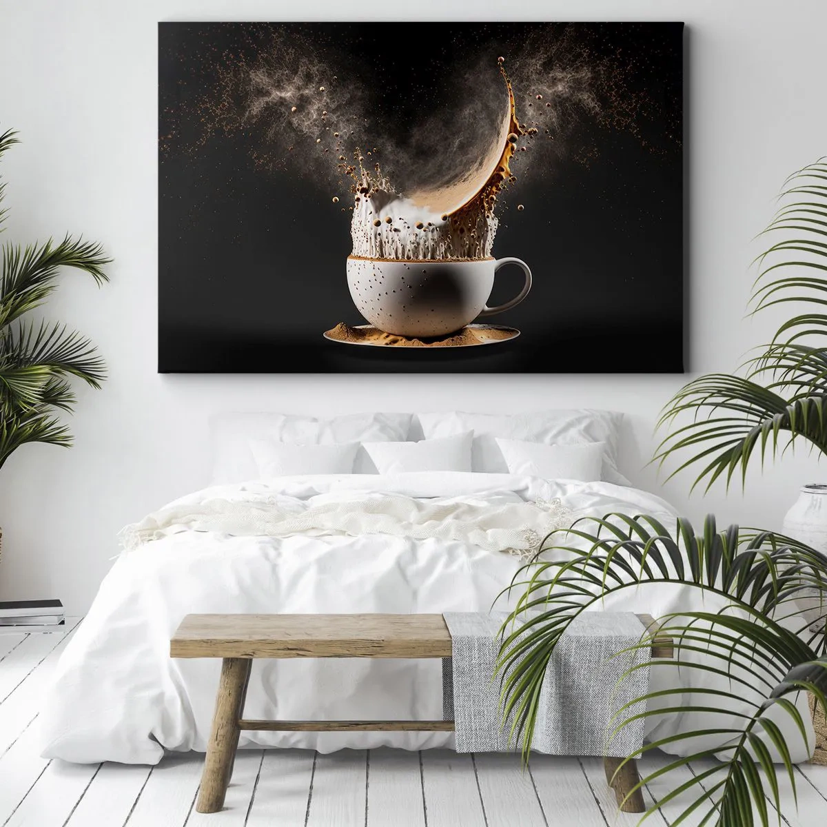 Bild auf Leinwand - Leinwandbild - Eine Tasse Kaffee mit einer dynamischen Flüssigkeitsexplosion auf schwarzem Hintergrund. - 70x50cm - Geschmacksexplosion - Moderne Wanddekoration für Wohnzimmer und Schlafzimmer ARTTOR