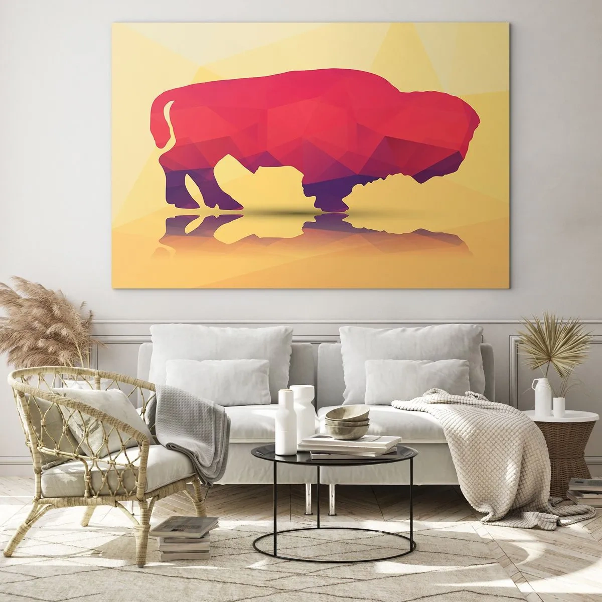 Glasbild - Bild auf glas - Geometrischer Bison in warmen Farben - 70x50cm - Die Amaranth-Stärke des Bisons - Moderne Wanddekoration für Wohnzimmer und Schlafzimmer ARTTOR