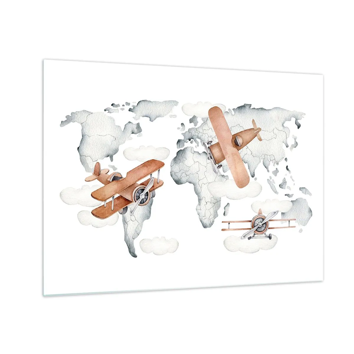 Glasbild - Bild auf glas - Retro Flugzeug Weltkarte für Kinder - 70x50cm - Im Pioniergeist - Moderne Wanddekoration für Wohnzimmer und Schlafzimmer ARTTOR