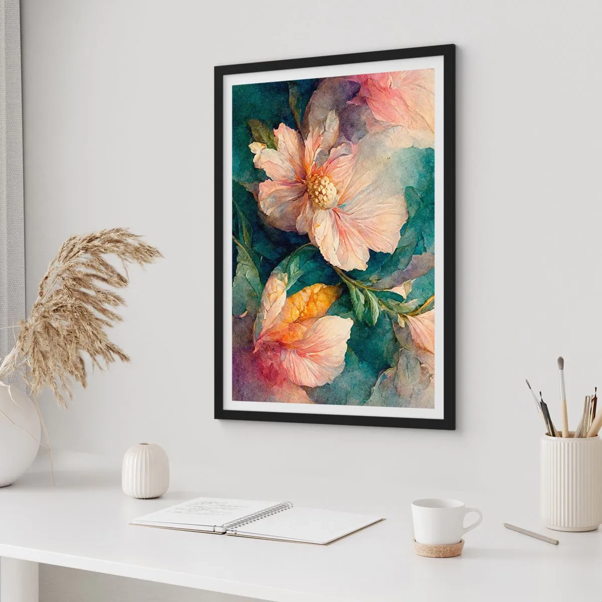 Poster in einem schwarzem Rahmen - Zarte Blüten im Aquarell-Stil - 50x70cm - Pure Subtilität - Moderne Wanddekoration für Wohnzimmer und Schlafzimmer ARTTOR