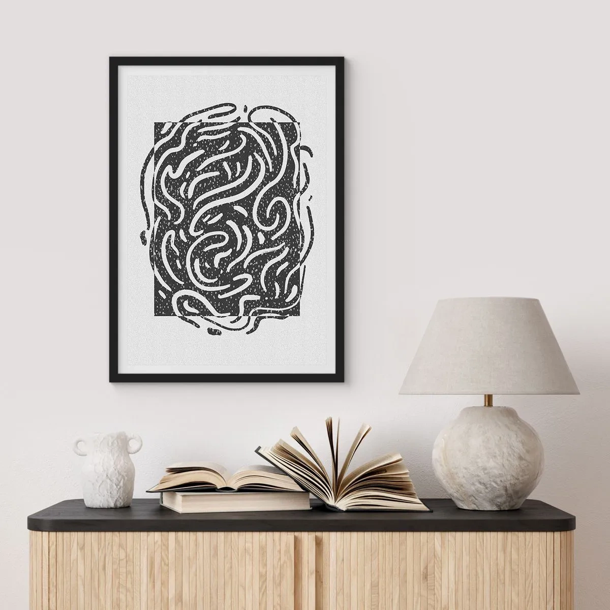 Poster in einem schwarzem Rahmen - Abstrakte Komposition mit dynamischen Linien und Formen in Schwarzweiß. - 50x70cm - Abstraktion: Freudentanz - Moderne Wanddekoration für Wohnzimmer und Schlafzimmer ARTTOR