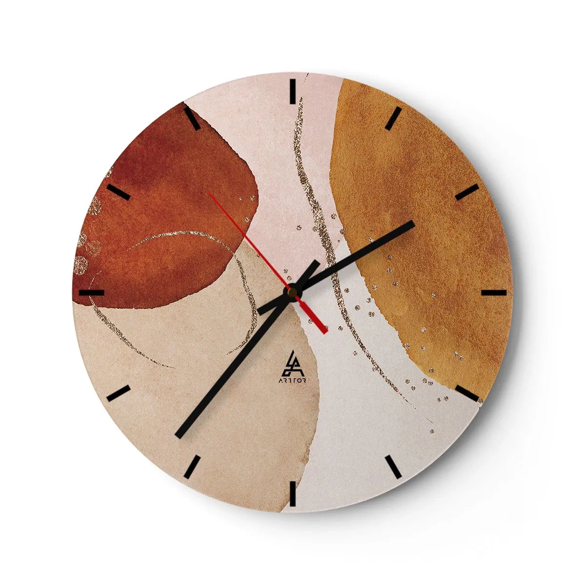 Wanduhr - Glasuhr - Abstrakte Komposition mit erdigen Farbflecken - 30x30cm - Rundheit und Bewegung - Moderne Wanddekoration für Wohnzimmer, Küche und Schlafzimmer ARTTOR
