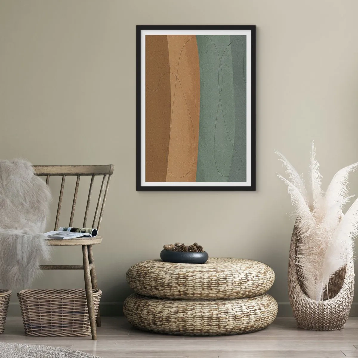 Poster in einem schwarzem Rahmen - Organische Linien auf erdigen und grünen Hintergründen - 50x70cm - Horizontale Komposition - Moderne Wanddekoration für Wohnzimmer und Schlafzimmer ARTTOR