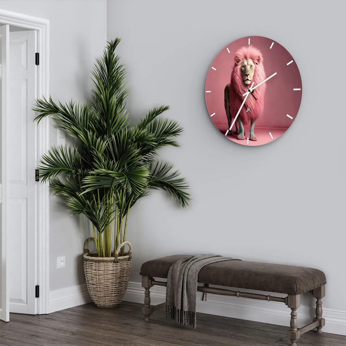 Wanduhr - Glasuhr - Ein Löwe mit einer intensiv rosa Mähne auf einem Hintergrund der gleichen Farbe - 30x30cm - Und du hast keine Angst mehr - Moderne Wanddekoration für Wohnzimmer, Küche und Schlafzimmer ARTTOR