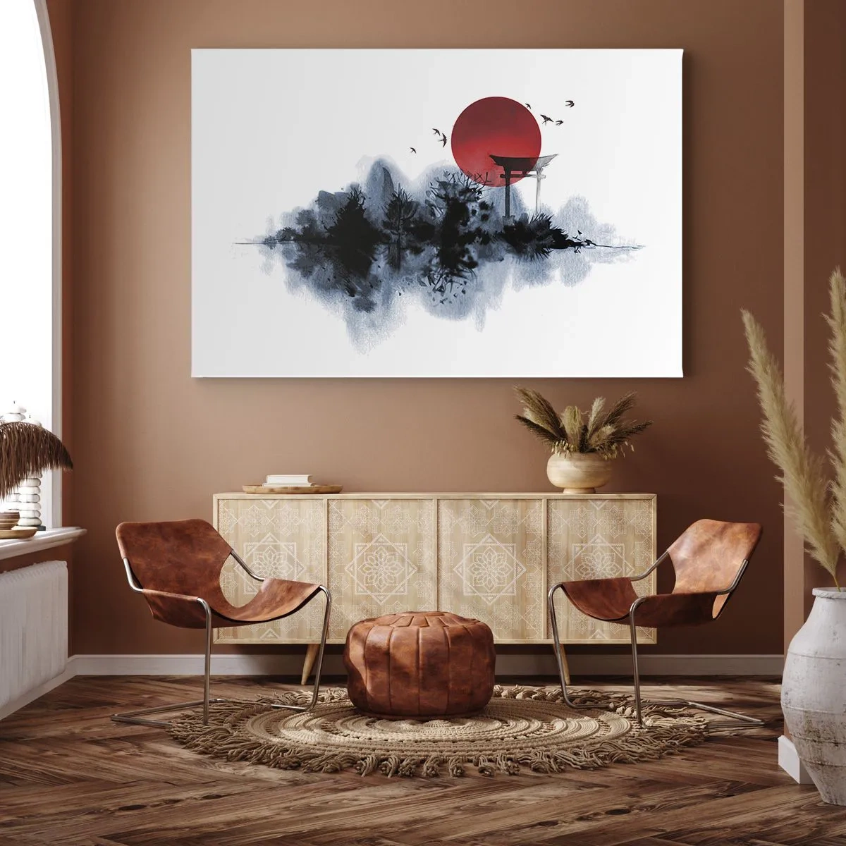 Bild auf Leinwand - Leinwandbild - Rote Sonne über einer malerischen Landschaft mit Torii - 70x50cm - Japanische Sicht - Moderne Wanddekoration für Wohnzimmer und Schlafzimmer ARTTOR