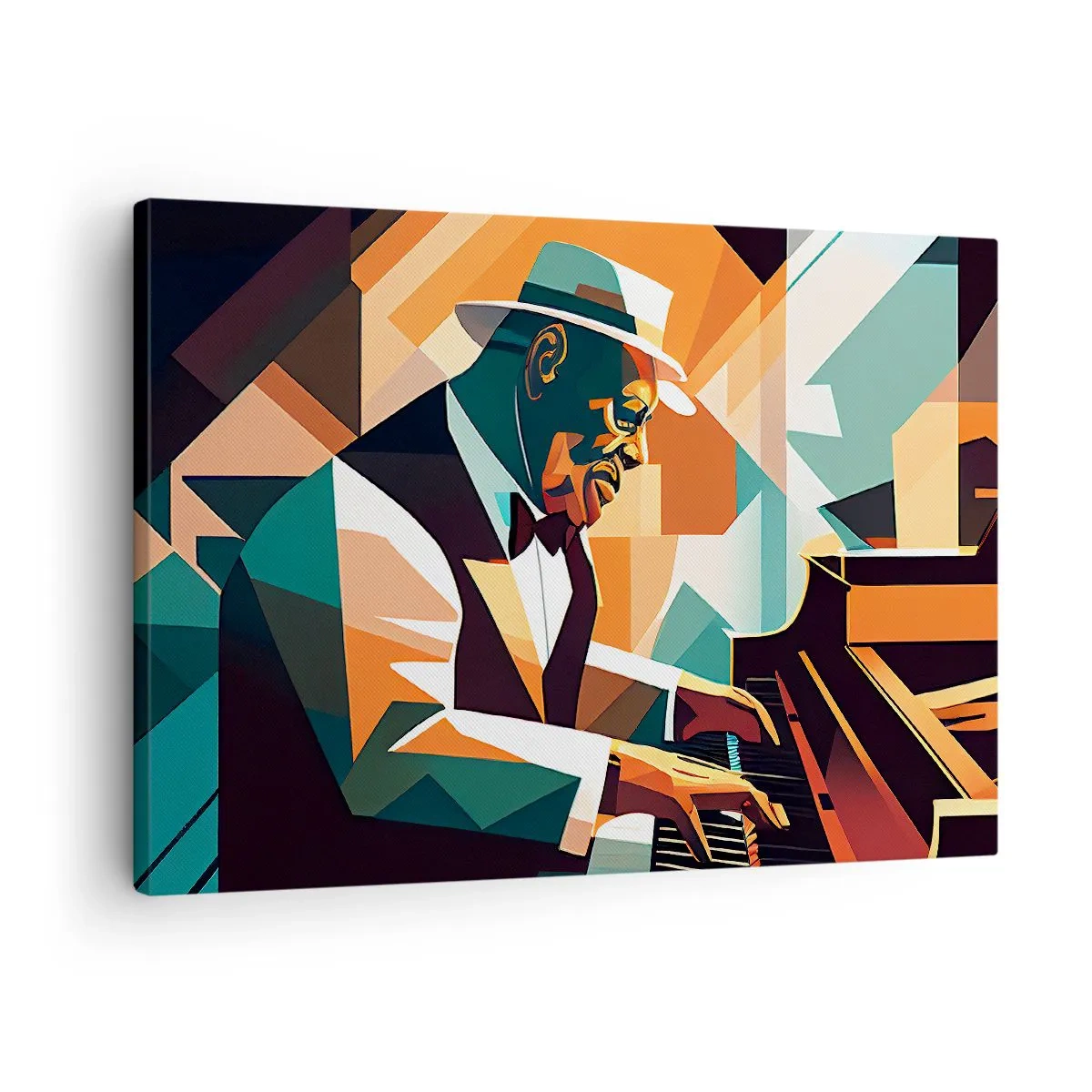 Bild auf Leinwand - Leinwandbild - Abstrakter Musiker, der in warmen Farben Klavier spielt. - 70x50cm - Alles vom Jazz - Moderne Wanddekoration für Wohnzimmer und Schlafzimmer ARTTOR