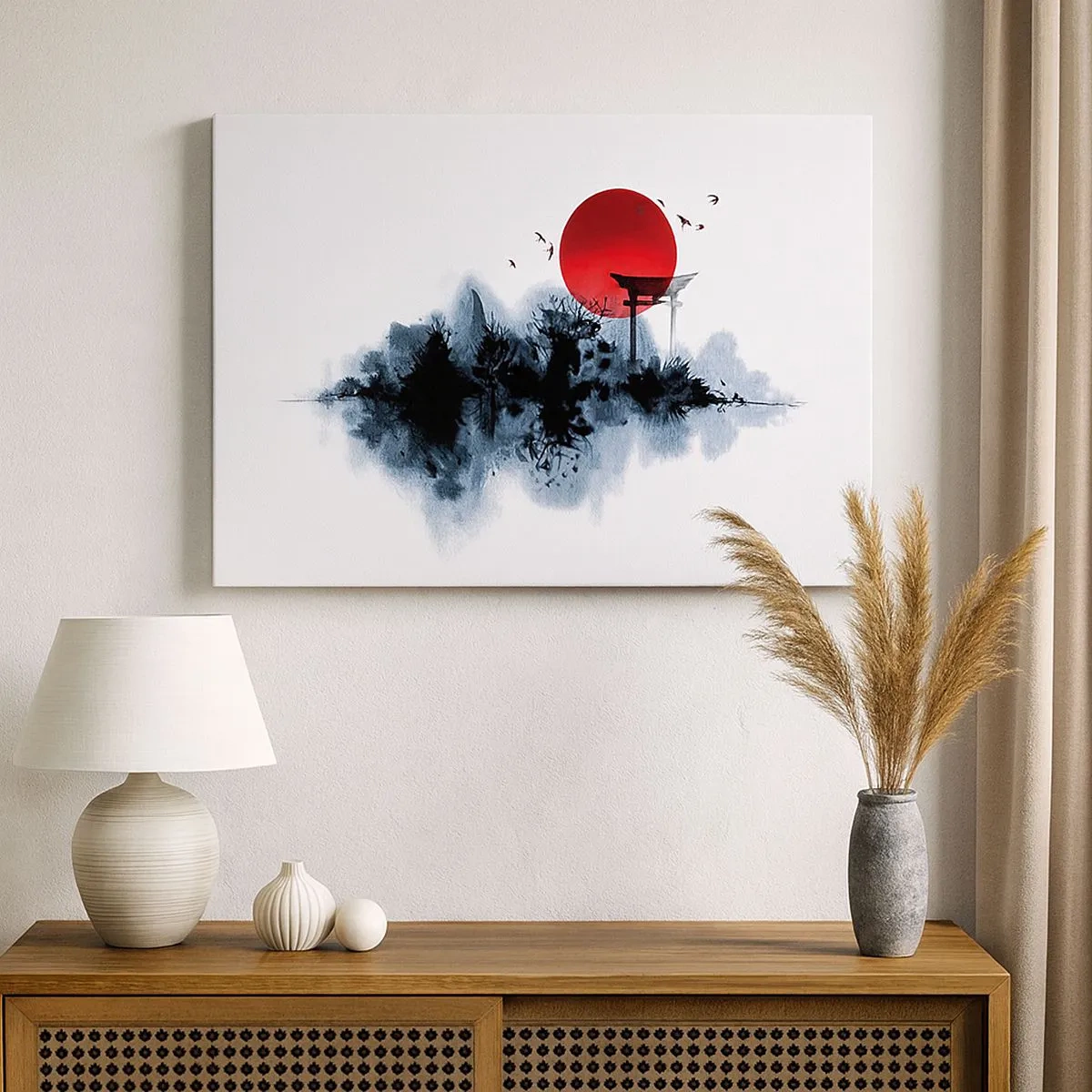Bild auf Leinwand - Leinwandbild - Rote Sonne über einer malerischen Landschaft mit Torii - 70x50cm - Japanische Sicht - Moderne Wanddekoration für Wohnzimmer und Schlafzimmer ARTTOR