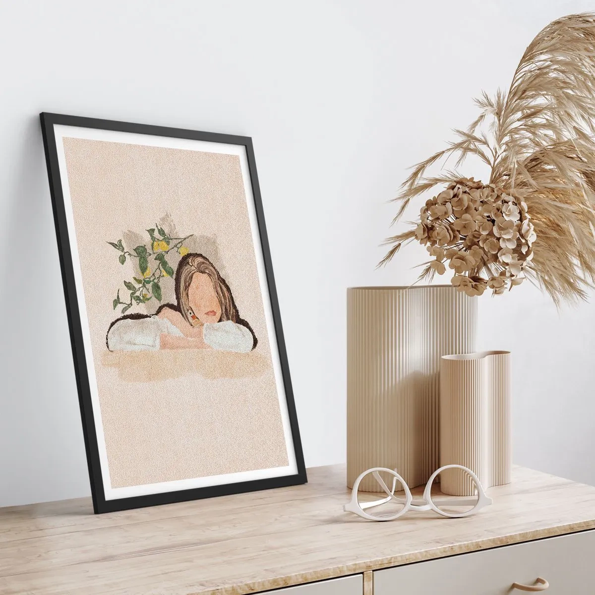 Poster in einem schwarzem Rahmen - Eine nachdenkliche Figur inmitten der Natur - 50x70cm - Südländische Schönheit - Moderne Wanddekoration für Wohnzimmer und Schlafzimmer ARTTOR