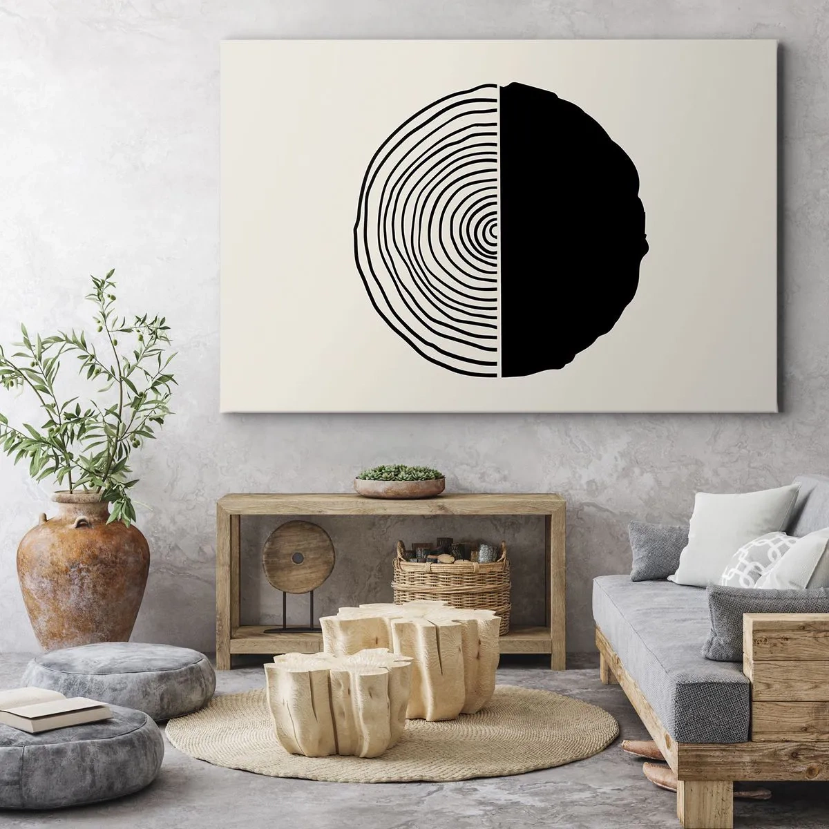 Bild auf Leinwand - Leinwandbild - Ein abstraktes Schwarz-Weiß-Motiv, inspiriert von einem Holzquerschnitt mit geometrischer Unterteilung. - 70x50cm - Halb und halb - Moderne Wanddekoration für Wohnzimmer und Schlafzimmer ARTTOR