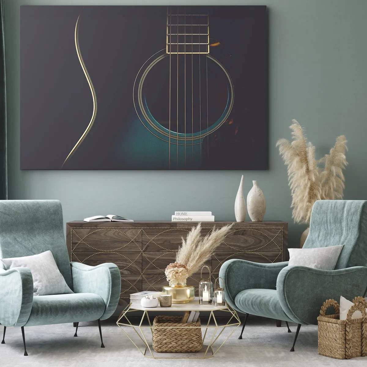 Bild auf Leinwand - Leinwandbild - Akustikgitarre in dunklem, elegantem Licht - 70x50cm - Einen Moment bevor es ertönt - Moderne Wanddekoration für Wohnzimmer und Schlafzimmer ARTTOR