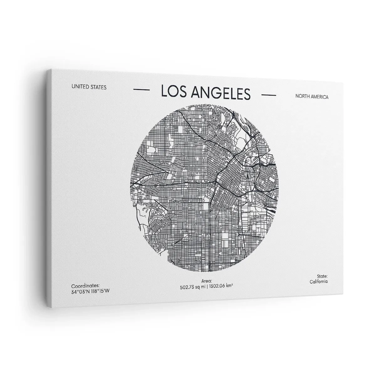Bild auf Leinwand - Leinwandbild - Eine Karte von Los Angeles im minimalistischen Schwarz-Weiß-Stil - 70x50cm - Anatomie von Los Angeles - Moderne Wanddekoration für Wohnzimmer und Schlafzimmer ARTTOR