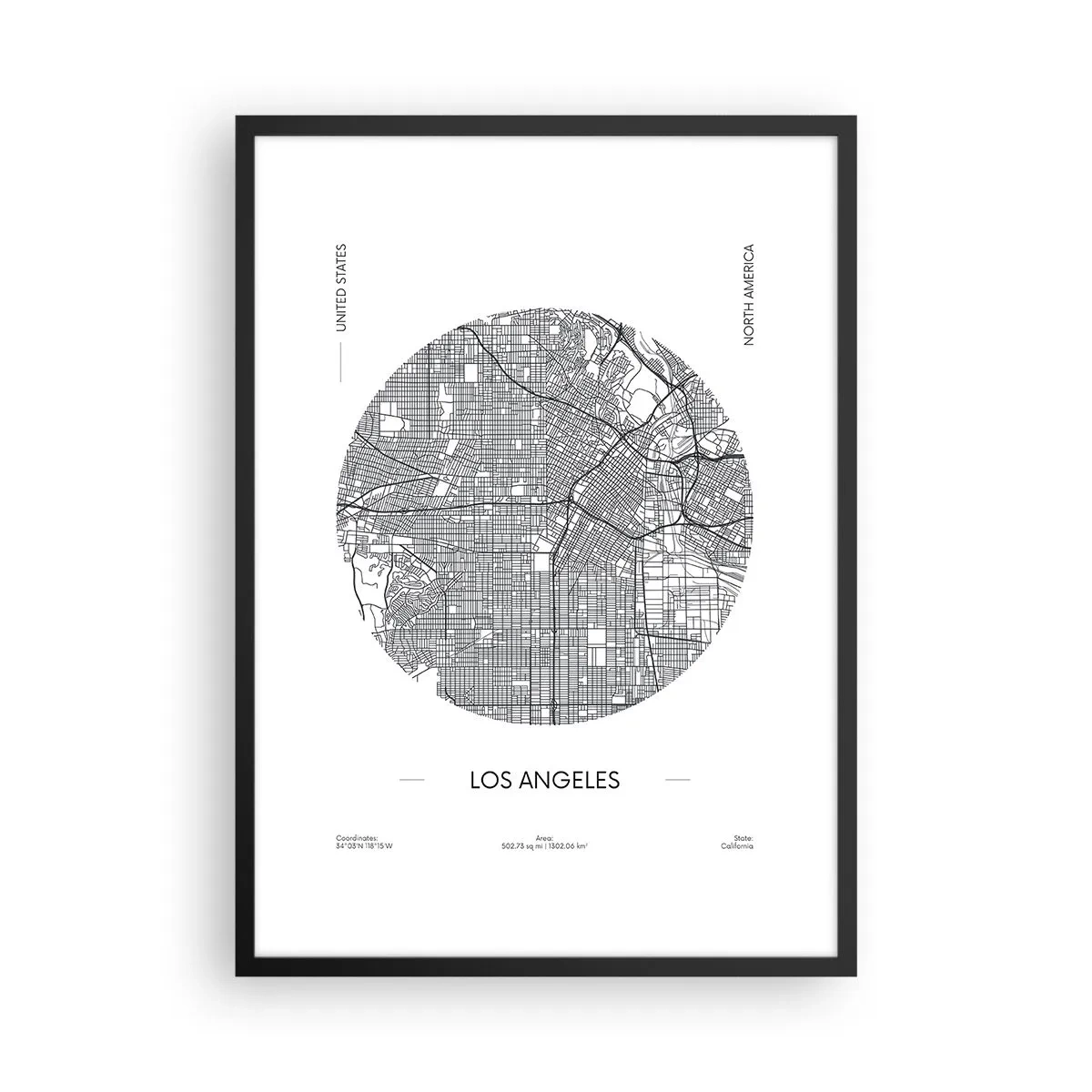 Poster in einem schwarzem Rahmen - Eine minimalistische Karte von Los Angeles in Schwarzweiß. - 50x70cm - Anatomie von Los Angeles - Moderne Wanddekoration für Wohnzimmer und Schlafzimmer ARTTOR