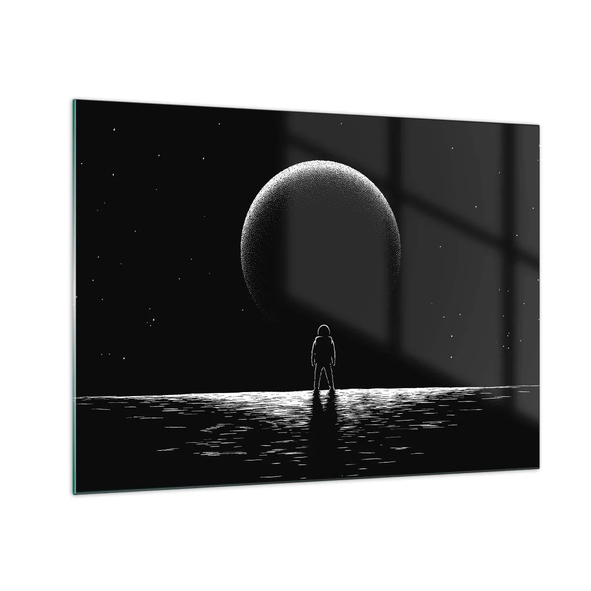 Glasbild - Bild auf glas - Astronaut steht vor einem Planeten in Schwarzweiß - 70x50cm - Angesicht zu Angesicht - Moderne Wanddekoration für Wohnzimmer und Schlafzimmer ARTTOR
