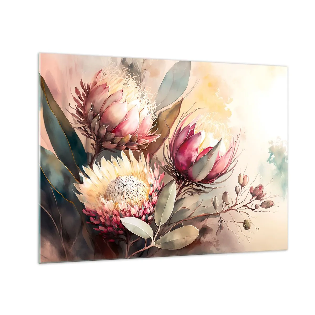 Glasbild - Bild auf glas - Protea-Blüten in Pastellfarben auf künstlerischem Hintergrund - 70x50cm - Im Profil und en face - Moderne Wanddekoration für Wohnzimmer und Schlafzimmer ARTTOR