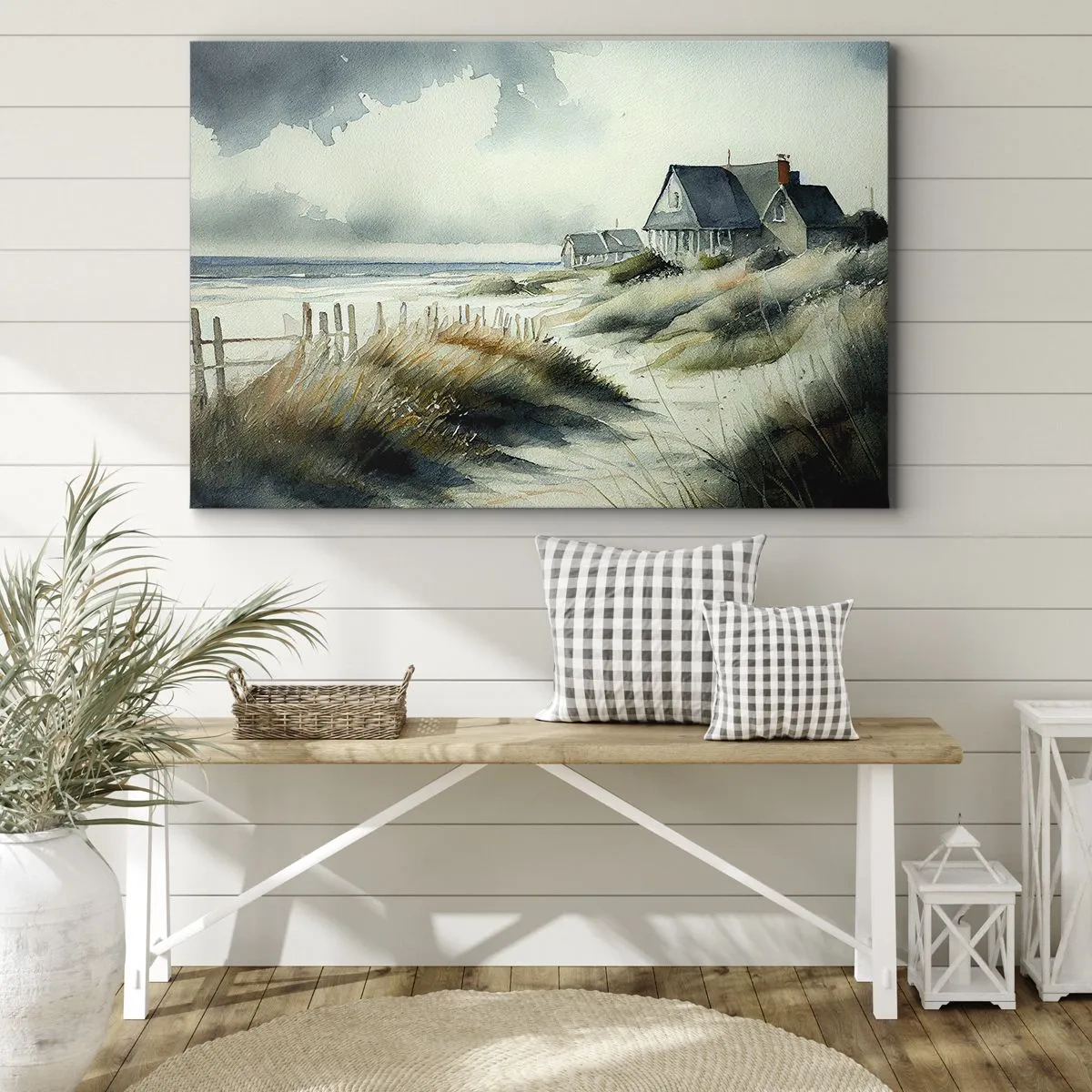 Bild auf Leinwand - Leinwandbild - Ein Haus am Meer, umgeben von Gras und mit Blick auf das Meer - 70x50cm - Abseits vom Trubel - Moderne Wanddekoration für Wohnzimmer und Schlafzimmer ARTTOR