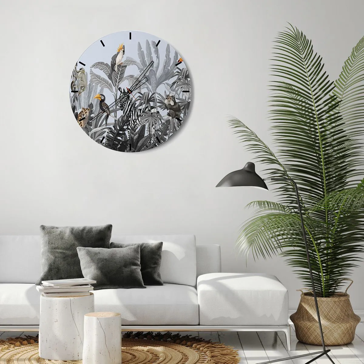 Wanduhr - Glasuhr - Tropische Pflanzen mit exotischen Tieren vor einem Dschungelhintergrund - 30x30cm - Afrikanisches Märchen - Moderne Wanddekoration für Wohnzimmer, Küche und Schlafzimmer ARTTOR