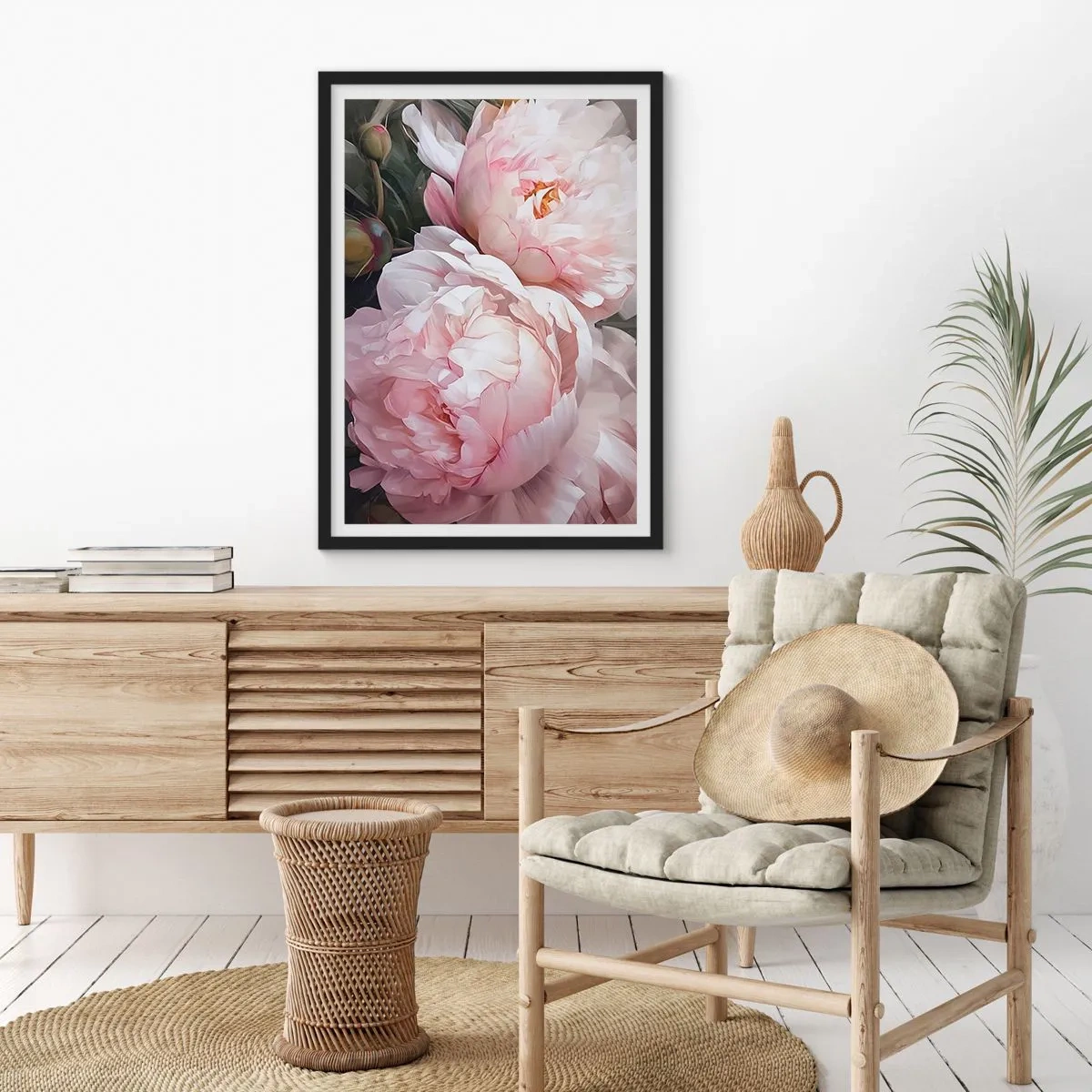 Poster in einem schwarzem Rahmen - Zarte Pfingstrosen in Pastelltönen von Rosa und Weiß - 50x70cm - In der Blüte angehalten - Moderne Wanddekoration für Wohnzimmer und Schlafzimmer ARTTOR