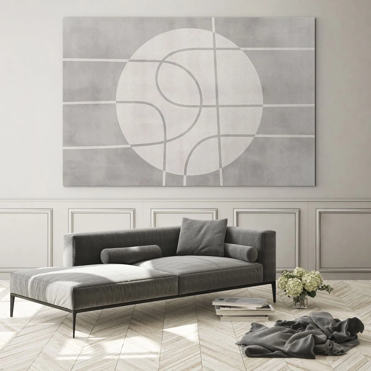 Glasbild - Bild auf glas - Beige Linien und Kreise bilden eine geometrische Komposition - 70x50cm - Kreisförmig und geradeaus - Moderne Wanddekoration für Wohnzimmer und Schlafzimmer ARTTOR