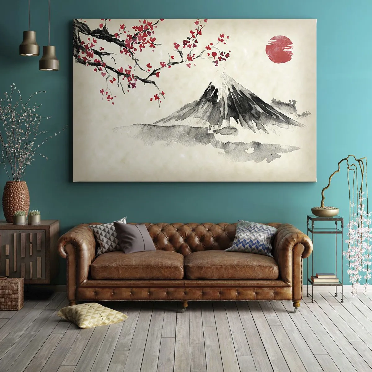 Bild auf Leinwand - Leinwandbild - Eine malerische Landschaft mit einem Berg, Kirschblüten und Sonnenschein - 70x50cm - Liebe Japan - Moderne Wanddekoration für Wohnzimmer und Schlafzimmer ARTTOR