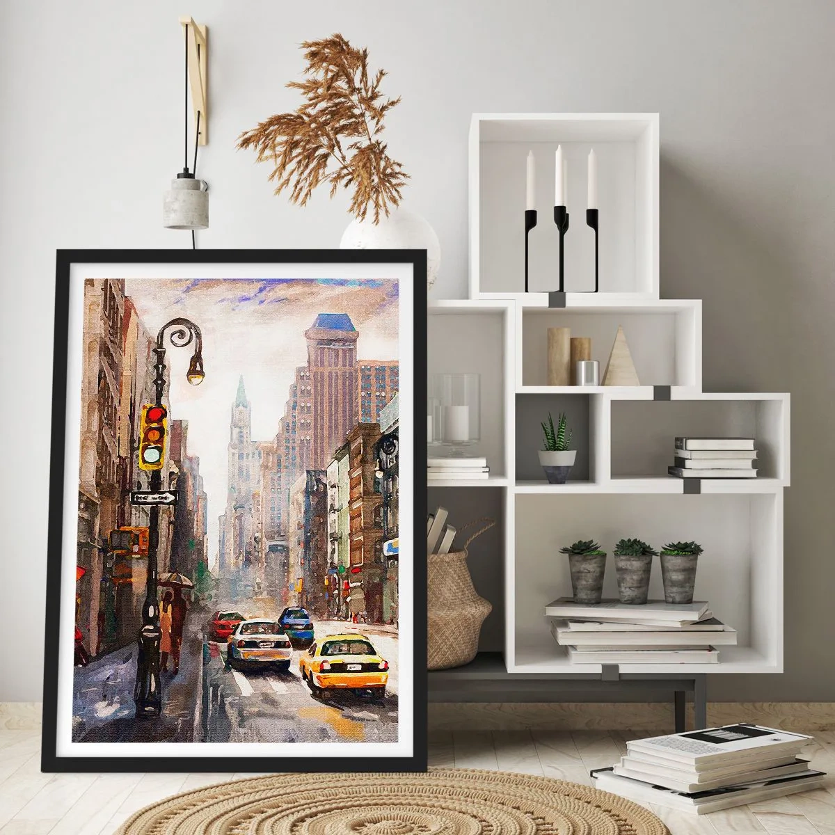Poster in einem schwarzem Rahmen - Stadtstraße mit Autos und Ampeln - 50x70cm - New York - auch im Regen bunt - Moderne Wanddekoration für Wohnzimmer und Schlafzimmer ARTTOR