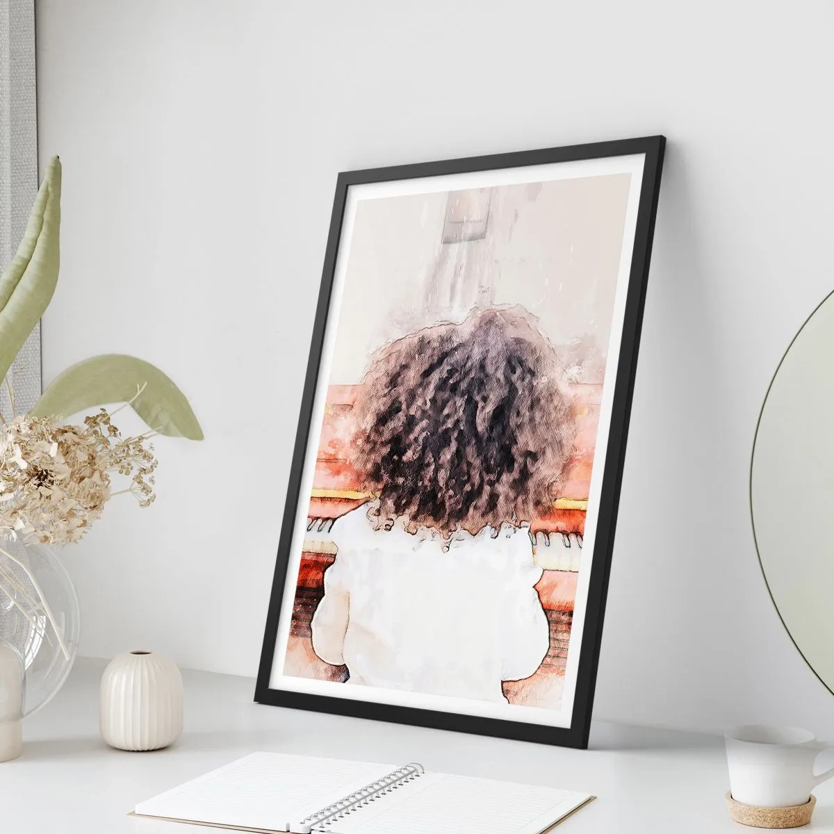 Poster in einem schwarzem Rahmen - Ein Kind mit üppigen Locken spielt Klavier im Aquarellstil - 50x70cm - In der neuen Welt - Moderne Wanddekoration für Wohnzimmer und Schlafzimmer ARTTOR