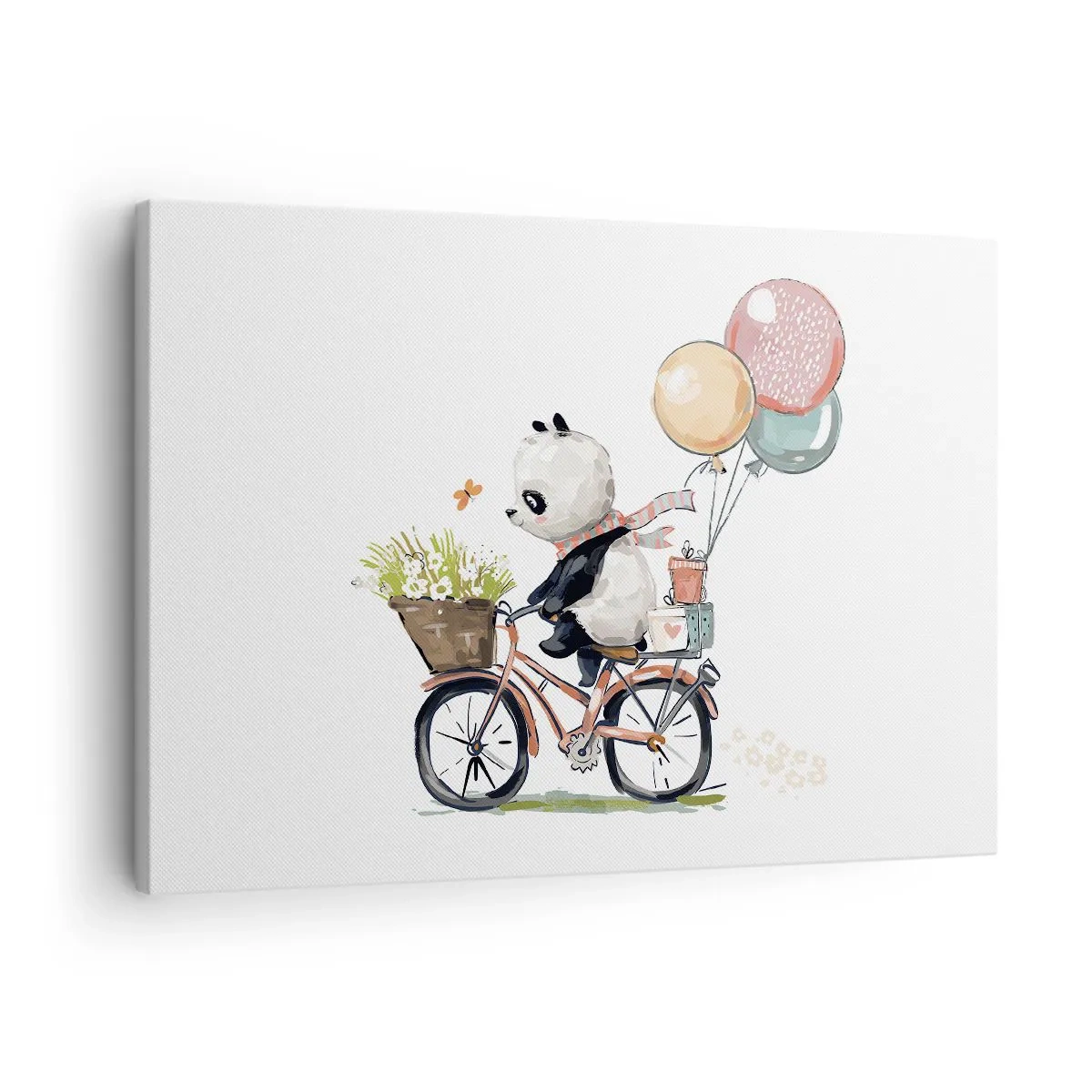 Bild auf Leinwand - Leinwandbild - Panda auf einem Fahrrad mit Luftballons und Blumen - 70x50cm - Glücklicher Tag - Moderne Wanddekoration für Wohnzimmer und Schlafzimmer ARTTOR