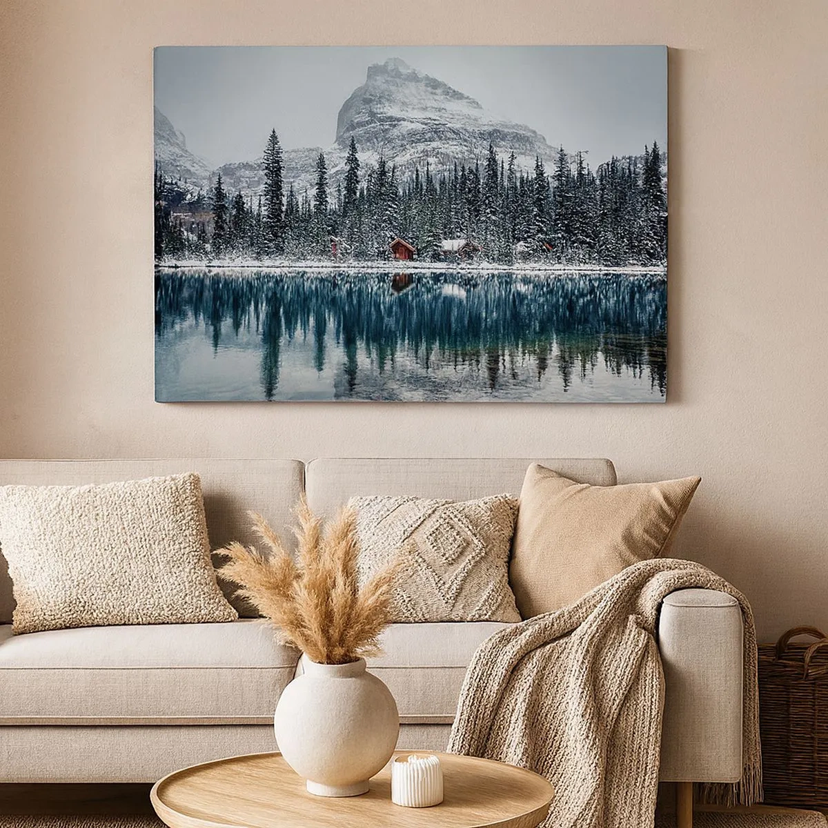 Bild auf Leinwand - Leinwandbild - Winterlandschaft mit Hütten im Wald an einem zugefrorenen See - 70x50cm - Kanadischer Rückzug - Moderne Wanddekoration für Wohnzimmer und Schlafzimmer ARTTOR