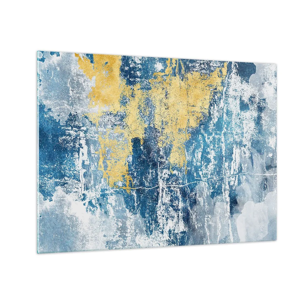 Glasbild - Bild auf glas - Blaue und gelbe Abstraktion mit einem Distressed- und Struktureffekt - 70x50cm - Abstraktion voller Wetter - Moderne Wanddekoration für Wohnzimmer und Schlafzimmer ARTTOR