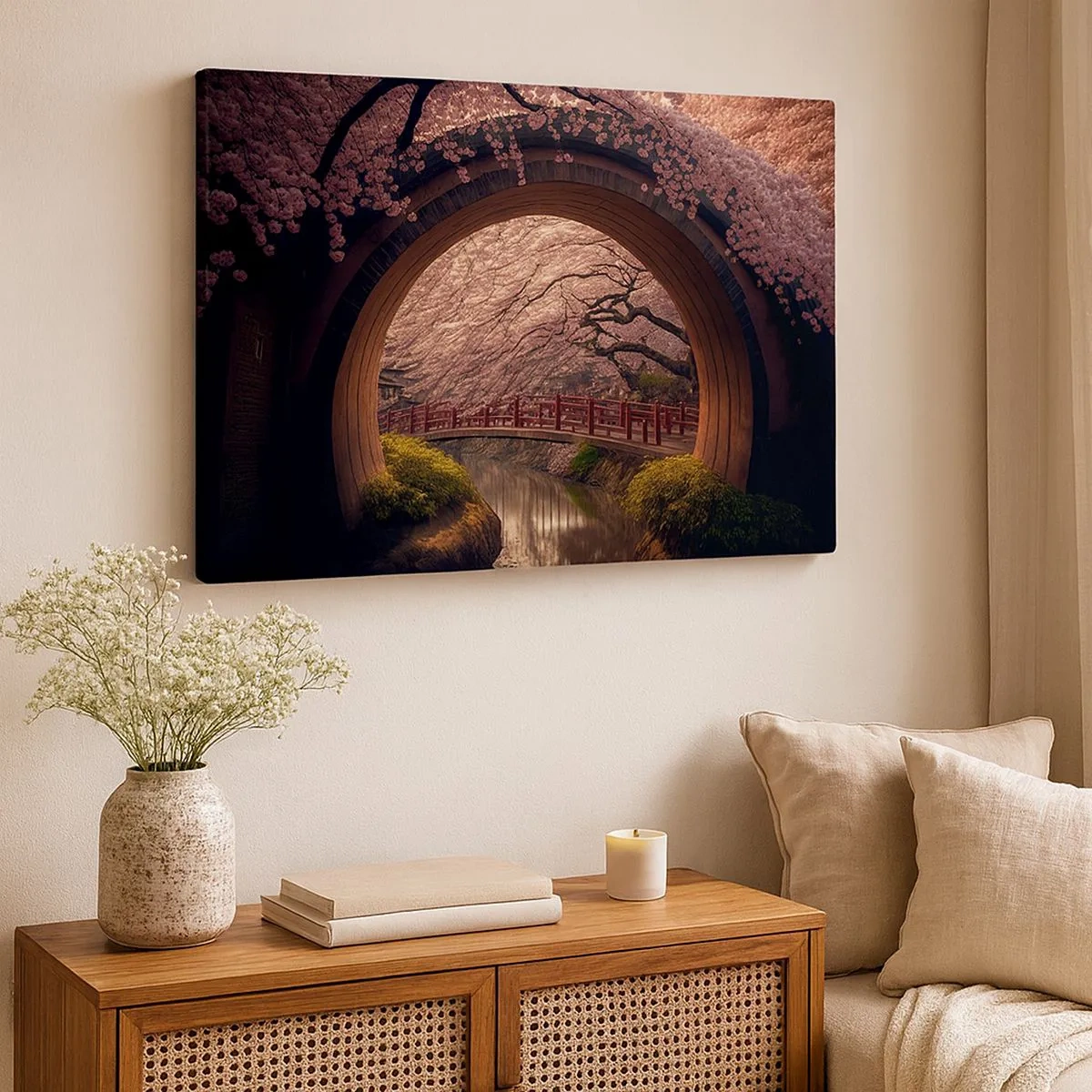 Bild auf Leinwand - Leinwandbild - Eine traditionelle japanische Brücke, umgeben von Kirschblüten - 70x50cm - Japanischer Frühling - Moderne Wanddekoration für Wohnzimmer und Schlafzimmer ARTTOR