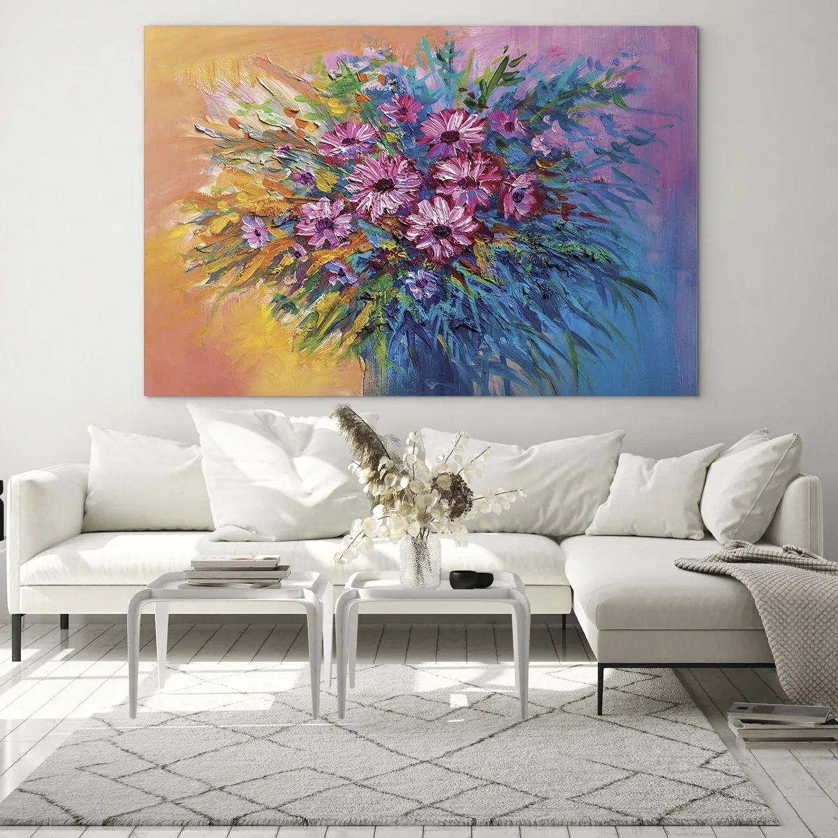 Glasbild - Bild auf glas - Ein Strauß rosa Blumen in einer kunstvollen, farbenfrohen Komposition - 70x50cm - Lebensenergie - Moderne Wanddekoration für Wohnzimmer und Schlafzimmer ARTTOR