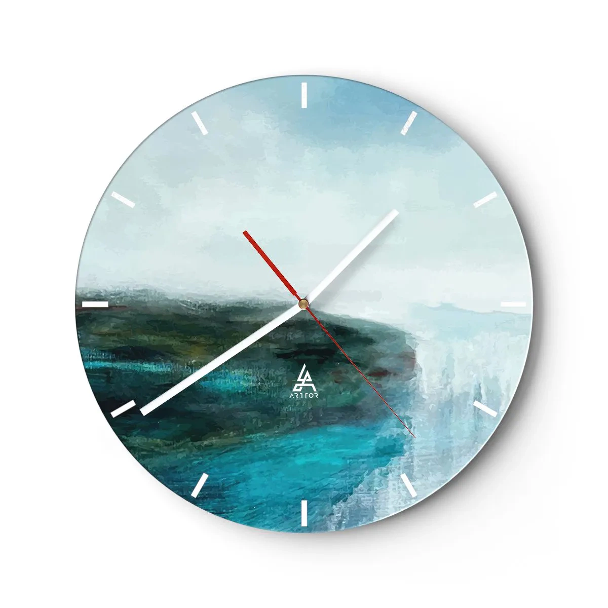 Wanduhr - Glasuhr - Eine Meereslandschaft mit einer Klippe in Türkis- und Blautönen - 30x30cm - Nautische Abstraktion - Moderne Wanddekoration für Wohnzimmer, Küche und Schlafzimmer ARTTOR