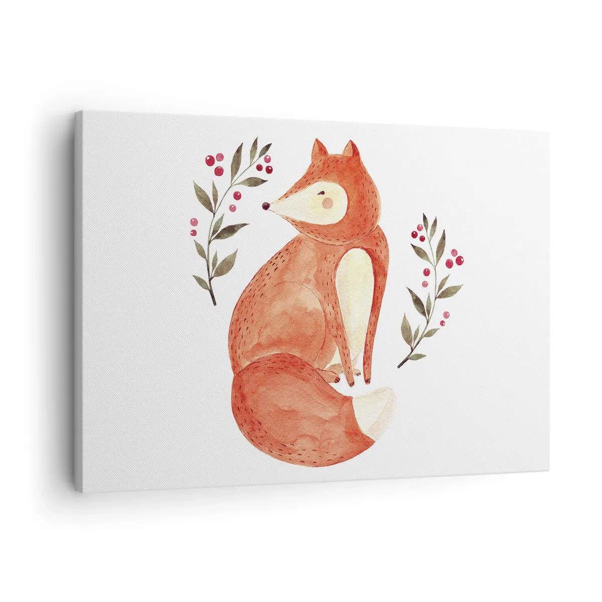 Bild auf Leinwand - Leinwandbild - Ein Aquarellfuchs, umgeben von Zweigen mit Beeren - 70x50cm - Kleine Rothaarige - Moderne Wanddekoration für Wohnzimmer und Schlafzimmer ARTTOR