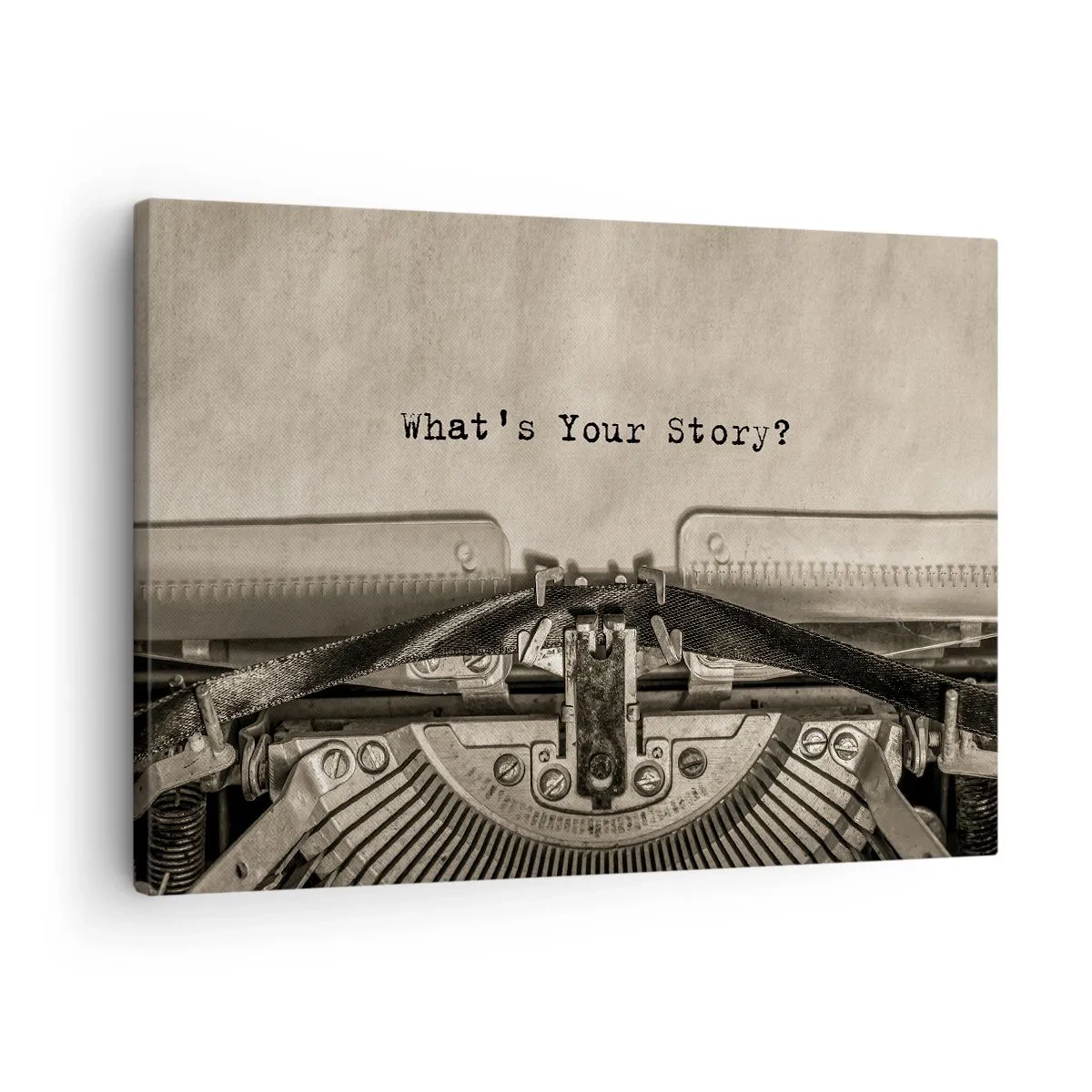 Bild auf Leinwand - Leinwandbild - Eine Schreibmaschine mit den Worten „Was ist Ihre Geschichte?“ - 70x50cm - Erzähl es mir - Moderne Wanddekoration für Wohnzimmer und Schlafzimmer ARTTOR
