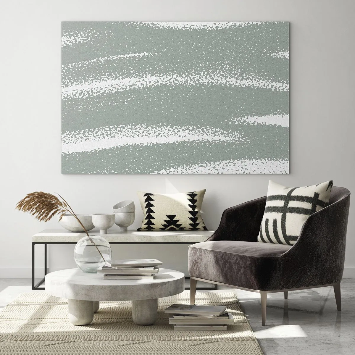 Glasbild - Bild auf glas - Weiße Streifen auf kühlem Grün - 70x50cm - Abstraktion im Winterklima - Moderne Wanddekoration für Wohnzimmer und Schlafzimmer ARTTOR