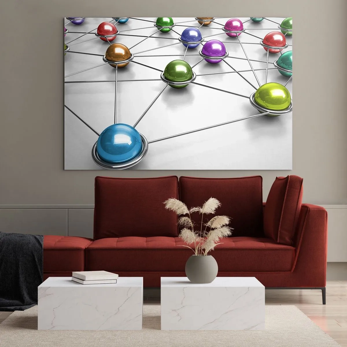 Glasbild - Bild auf glas - Bunte Kugeln, die durch Linien auf hellem Hintergrund verbunden sind - 70x50cm - Kosmisches Spinnennetz - Moderne Wanddekoration für Wohnzimmer und Schlafzimmer ARTTOR