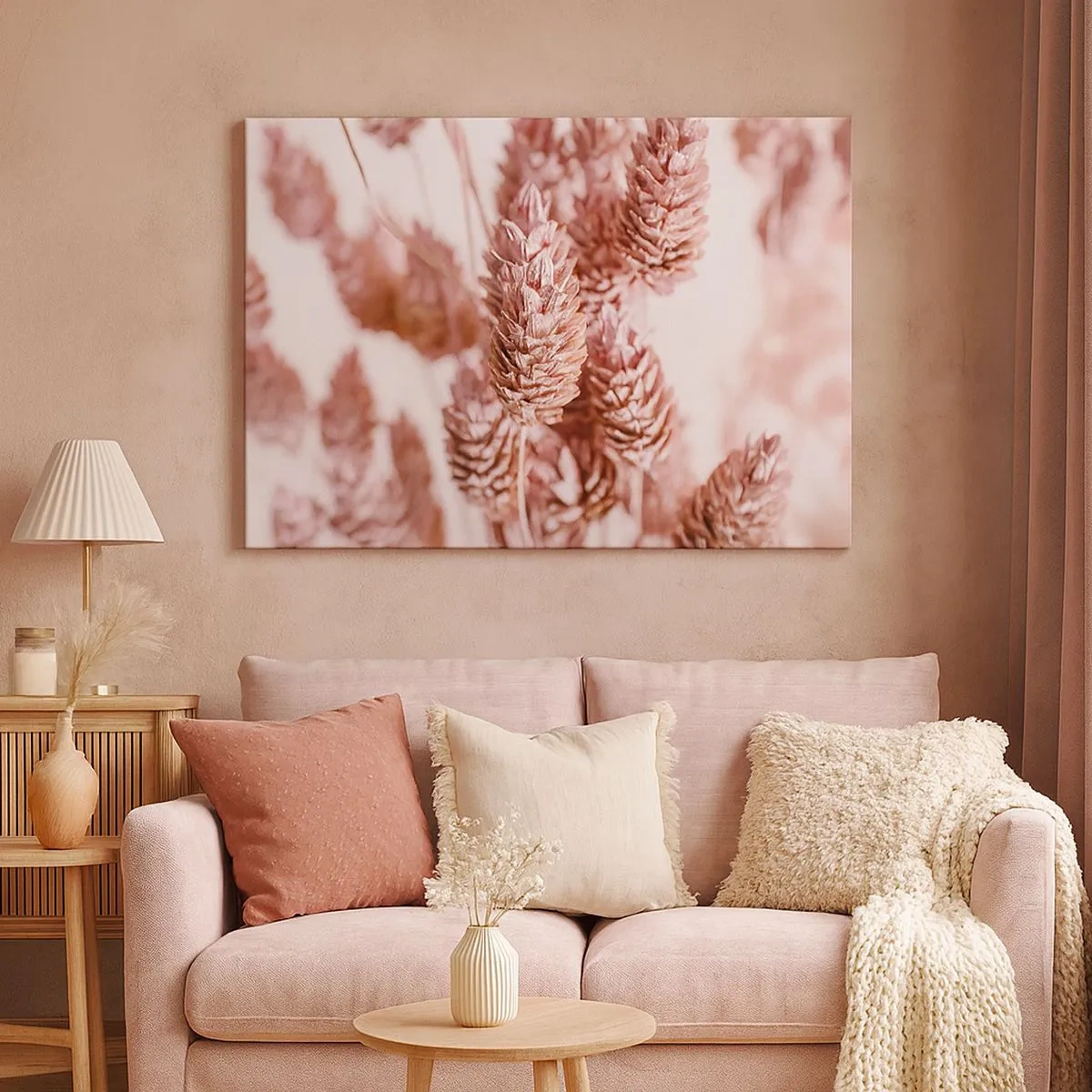 Bild auf Leinwand - Leinwandbild - Eine Nahaufnahme der zarten rosa Ähren von Ziergräsern - 70x50cm - Scheinbar unauffällig - Moderne Wanddekoration für Wohnzimmer und Schlafzimmer ARTTOR
