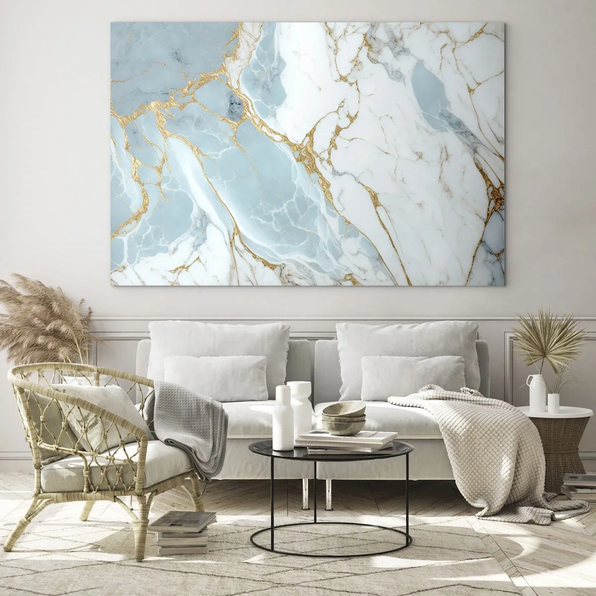 Glasbild - Bild auf glas - Abstrakter Marmor in Blau- und Goldtönen - 70x50cm - Reichtum des Steins - Moderne Wanddekoration für Wohnzimmer und Schlafzimmer ARTTOR
