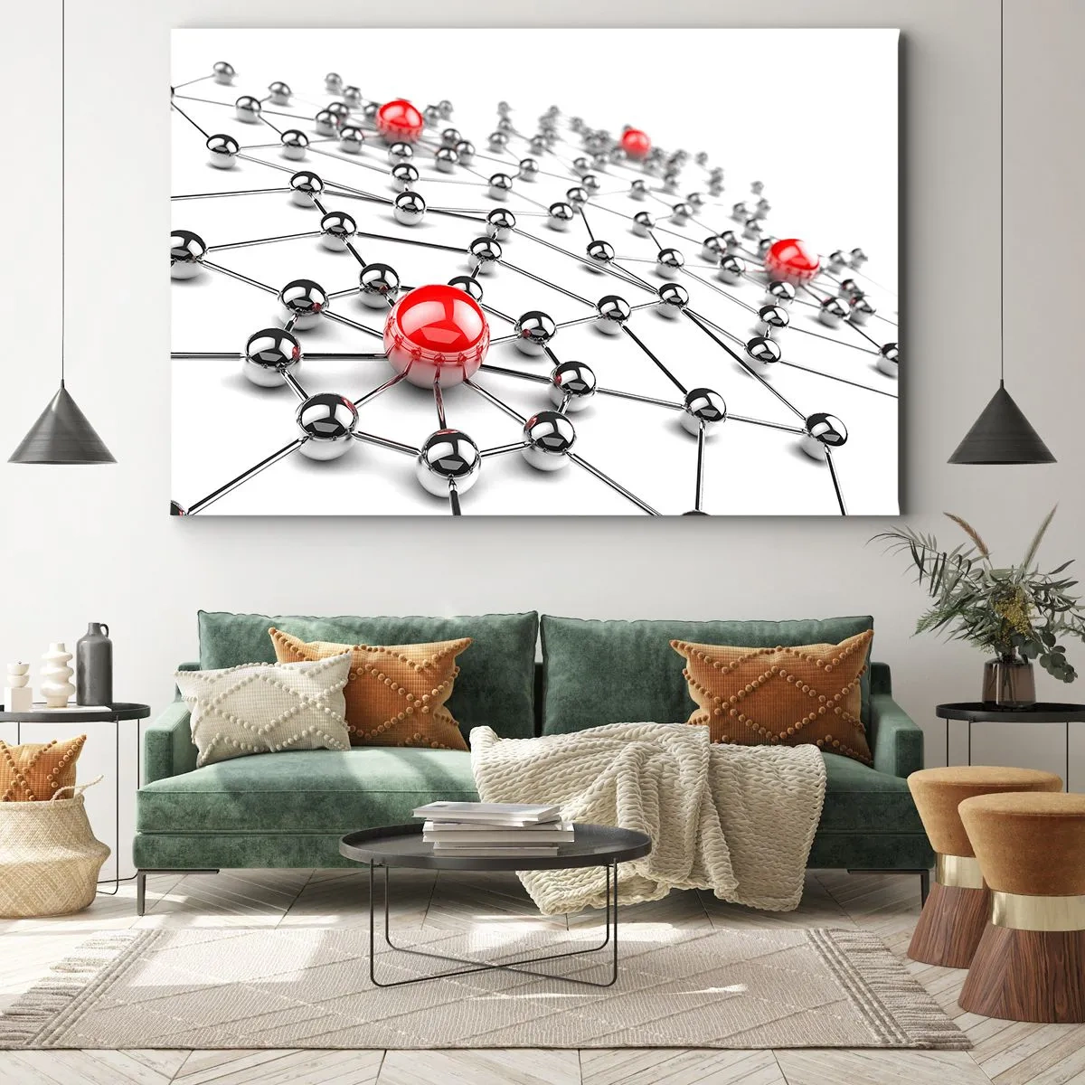 Bild auf Leinwand - Leinwandbild - Ein Netzwerk aus metallischen Kugeln mit roten Akzenten - 70x50cm - Silbriges Netz - Moderne Wanddekoration für Wohnzimmer und Schlafzimmer ARTTOR