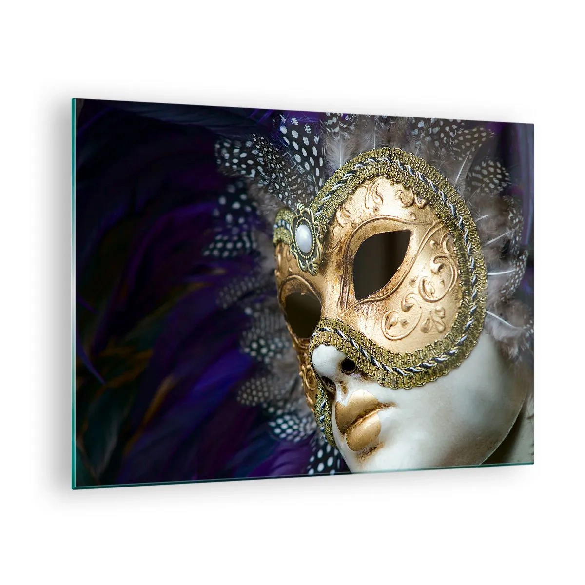 Glasbild - Bild auf glas - Goldene venezianische Maske mit Federn auf violettem Hintergrund - 70x50cm - Venezianisches Porträt in Gold - Moderne Wanddekoration für Wohnzimmer und Schlafzimmer ARTTOR