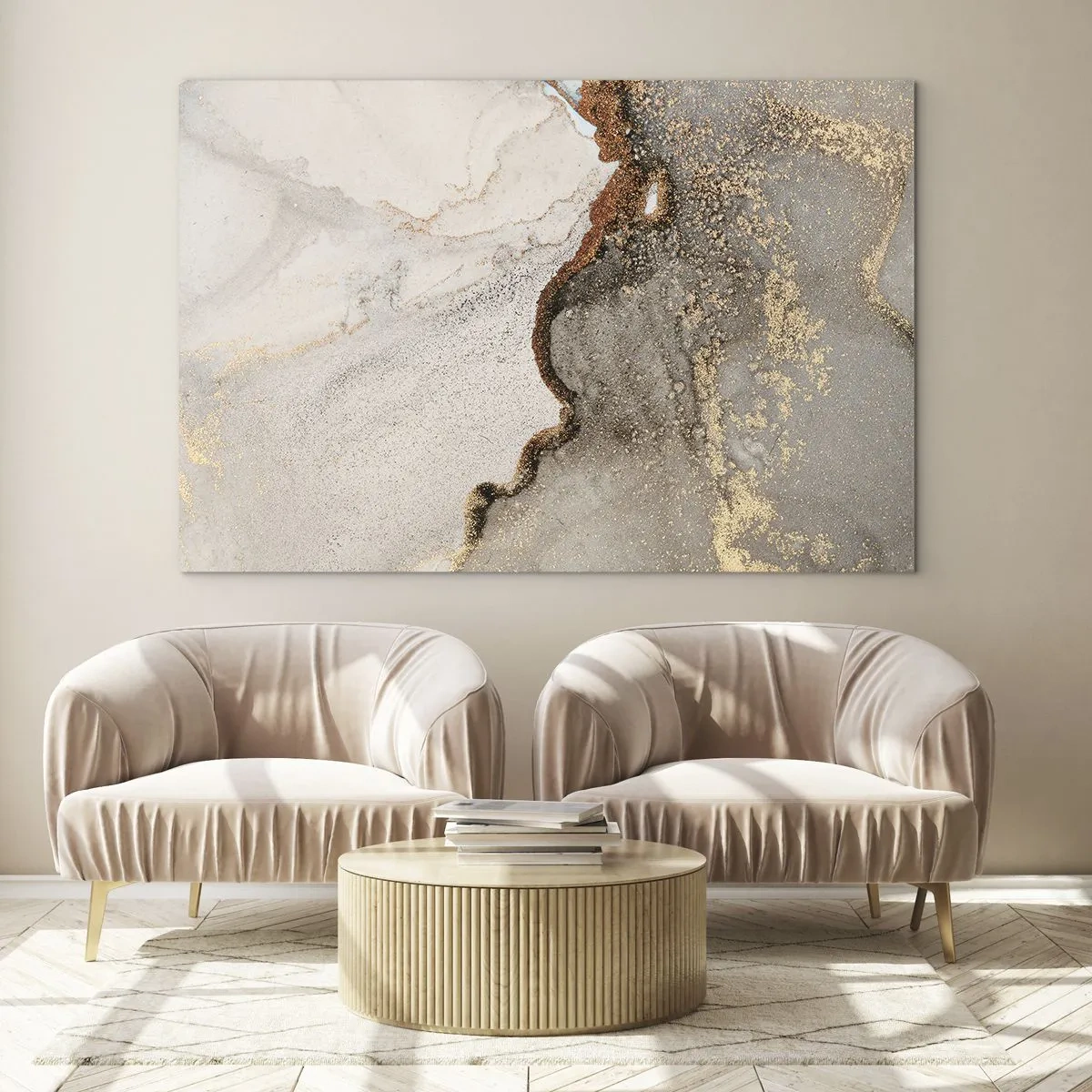 Glasbild - Bild auf glas - Abstrakte Komposition mit Beige, Gold und Graphit - 70x50cm - An der Grenze der Farben - Moderne Wanddekoration für Wohnzimmer und Schlafzimmer ARTTOR
