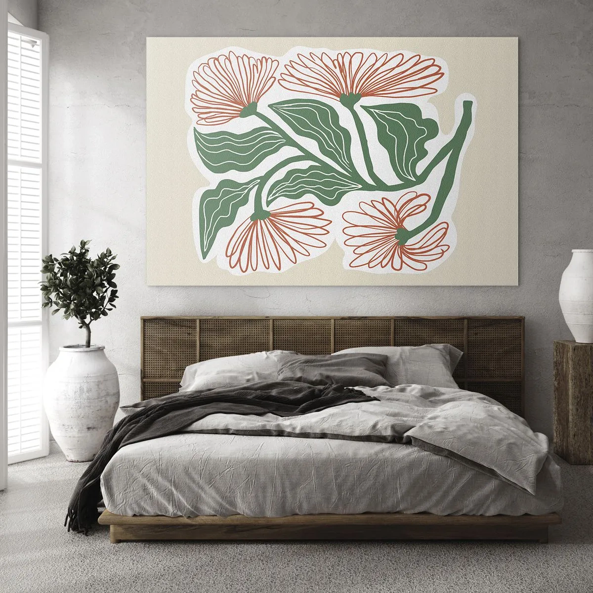 Glasbild - Bild auf glas - Dekorative Blumen im Folk-Stil auf hellem Hintergrund - 70x50cm - Im Folkstil und modern - Moderne Wanddekoration für Wohnzimmer und Schlafzimmer ARTTOR