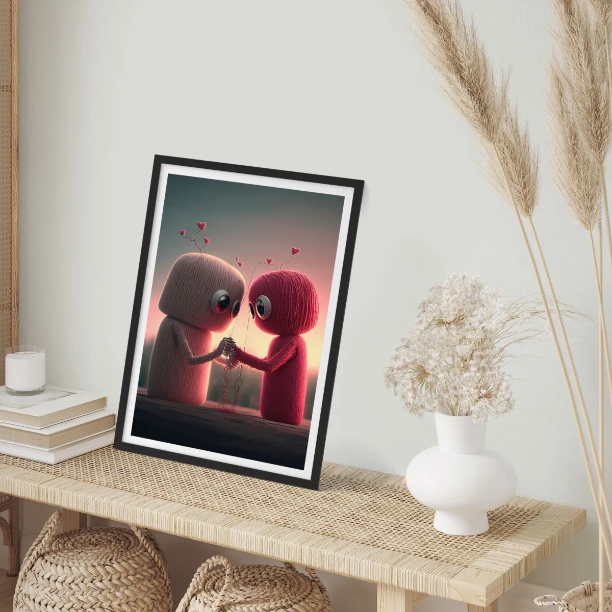 Poster in einem schwarzem Rahmen - Entzückende Garnfiguren halten Händchen - 50x70cm - Jeder darf lieben - Moderne Wanddekoration für Wohnzimmer und Schlafzimmer ARTTOR